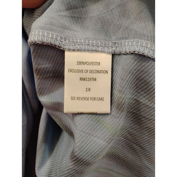 World Unity Top Blue Blouse SZ 1X Watercolor Rhinestone Artsy Boho Hippie Hi-Lo - Picture 6 of 8